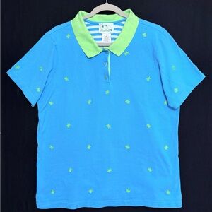 The Quacker Factory Blue Polo Shirt with Green Collar embroidered Green Turtles